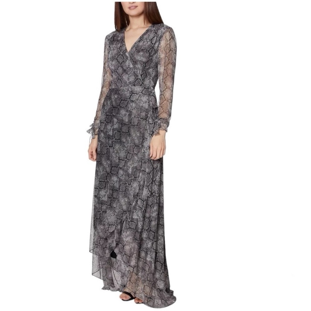 Betsey Johnson Snake Print Bow Sleeve Wrap Maxi Dress Gray Black Evening Formal - Picture 10 of 16
